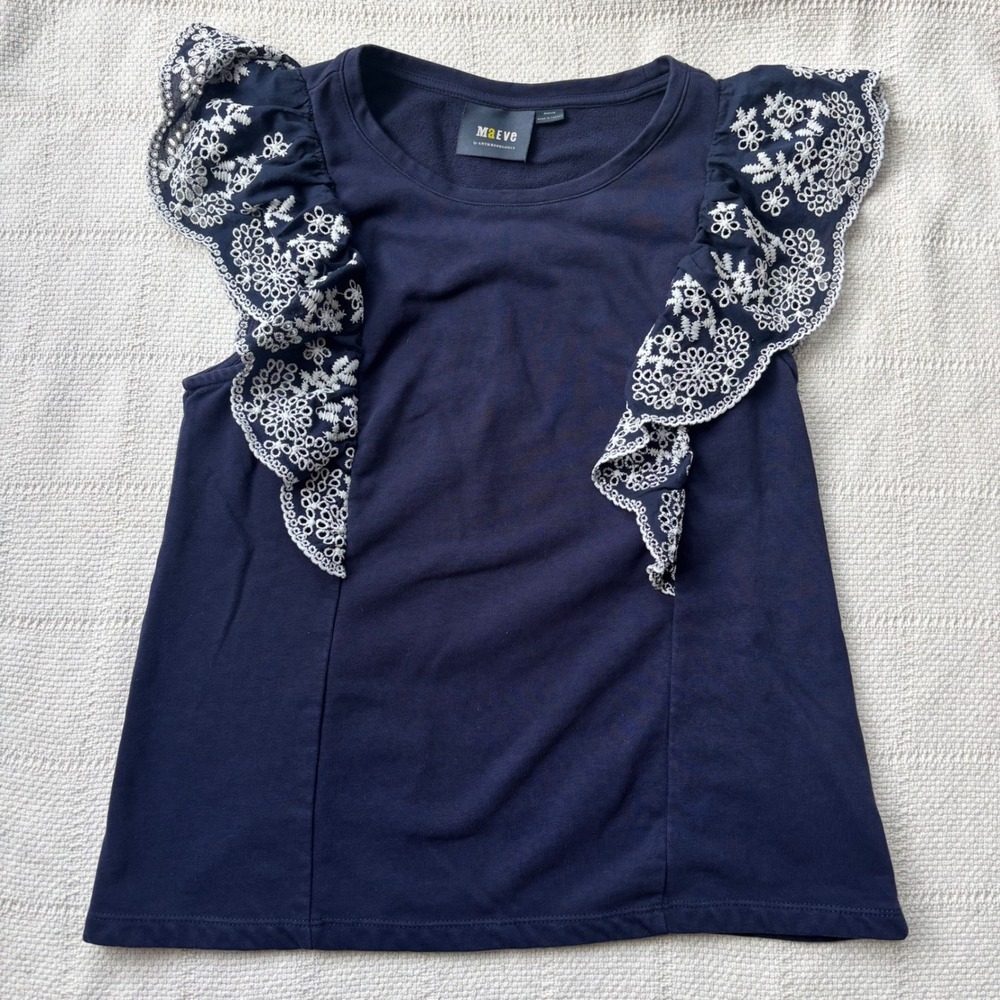 Women's Medium MAEVE Anthropologie Navy Blue White Eyelet Ruffle Sleeveless Top